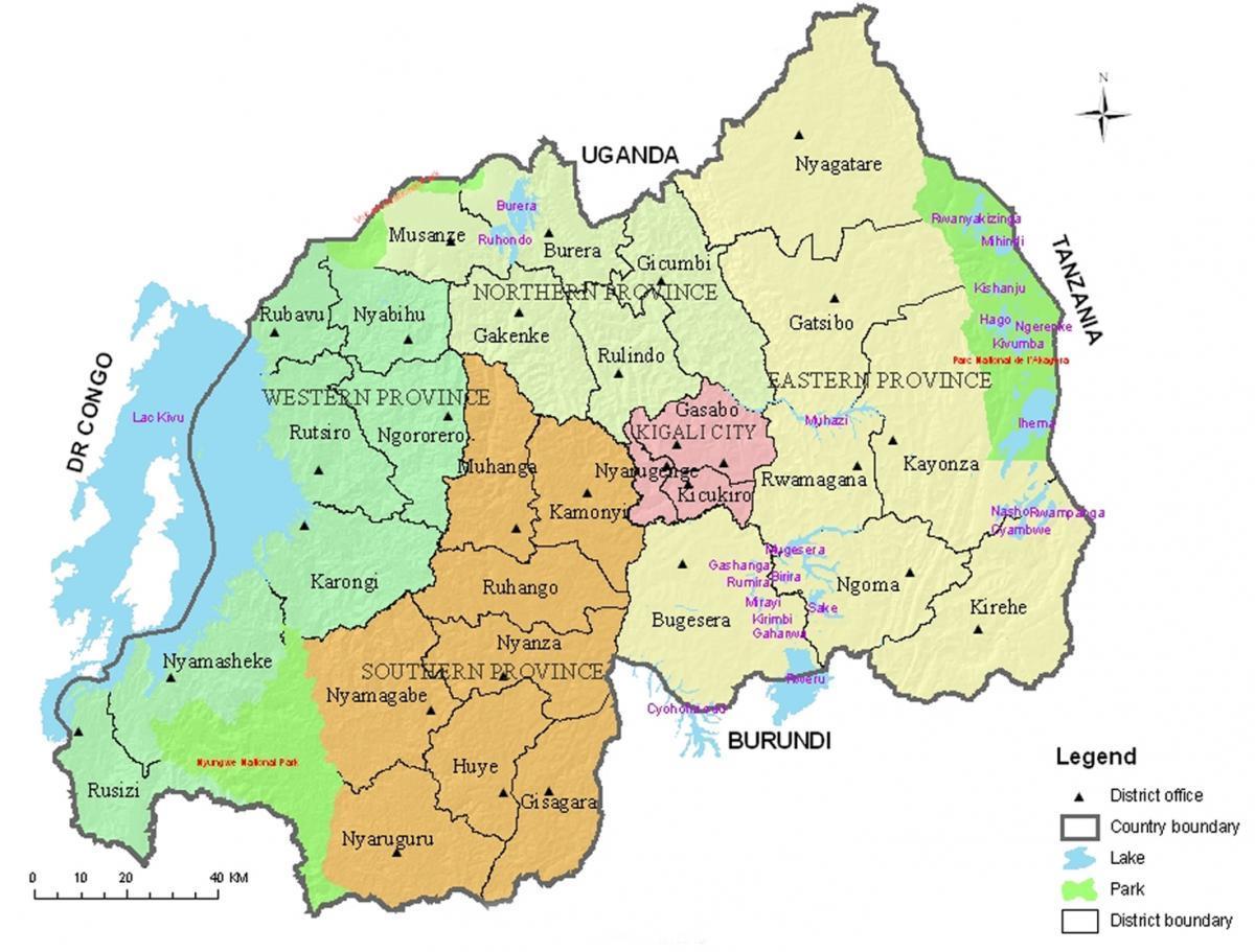 harta Rwanda cu raioane și sectoare